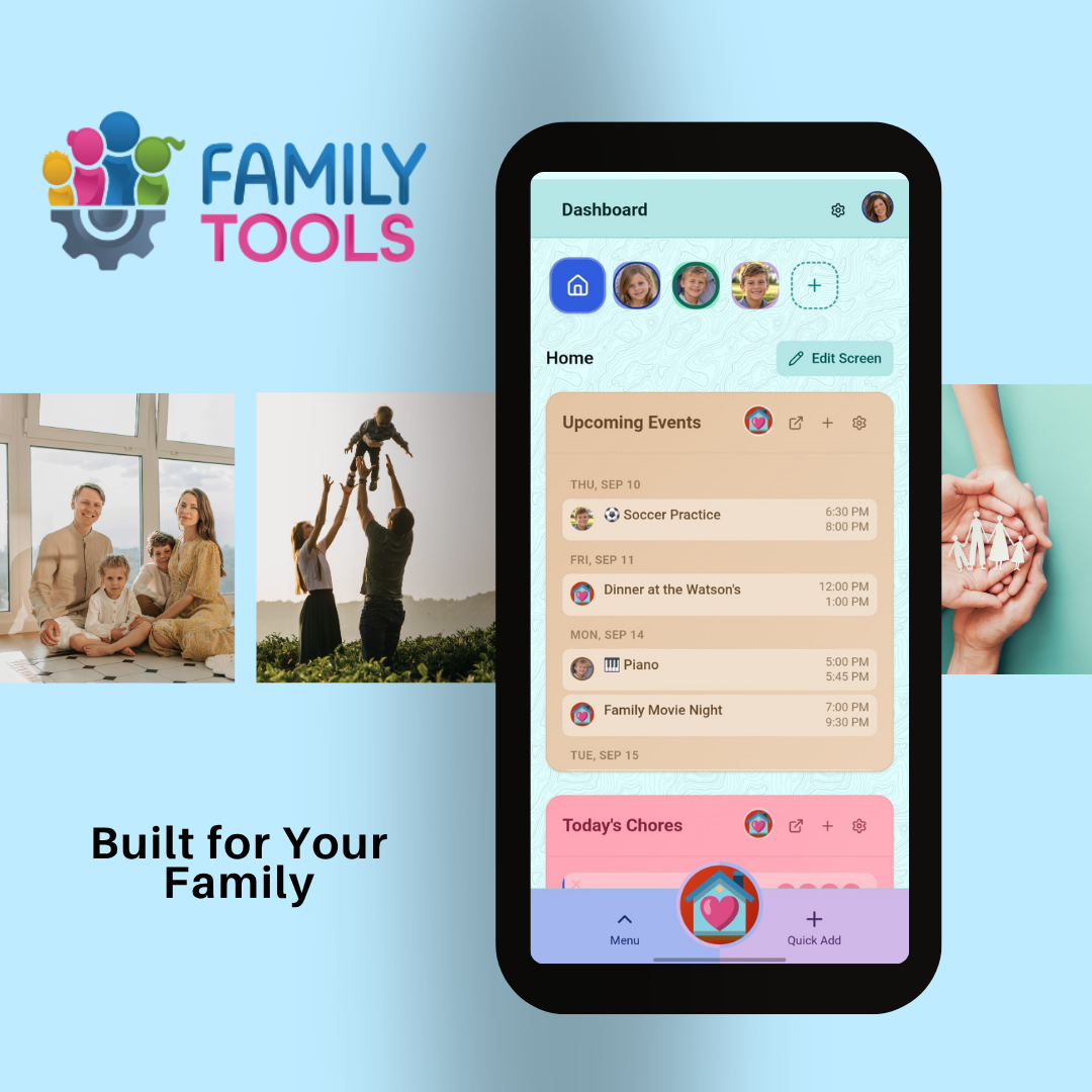 The new Family Tools dashboard on a phone, surrounded by photos of families — Built for Your Family